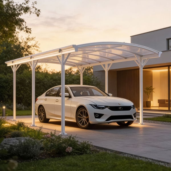 Moderner weißer Carport aus Aluminium mit gewölbtem Dach und integrierter LED-Beleuchtung über einem Auto in einer Gartenanlage.