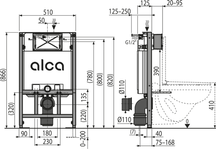 Technische Zeichnung eines Vorwandelements der Marke Alca für Toiletten mit detaillierten Abmessungen in Millimeter in der Front- und Seitenansicht.