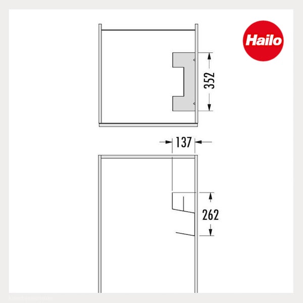Maßzeichnung für Einbauelemente von Hailo mit Abmessungen 352 Millimeter, 137 Millimeter und 262 Millimeter. Hailo Logo.