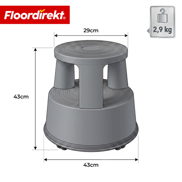 Floordirekt Logo. Rollhocker aus Kunststoff mit Maßen: Höhe 43 Zentimeter, oberer Durchmesser 29 Zentimeter, unterer Durchmesser 43 Zentimeter. Gewicht 2,9 Kilogramm.