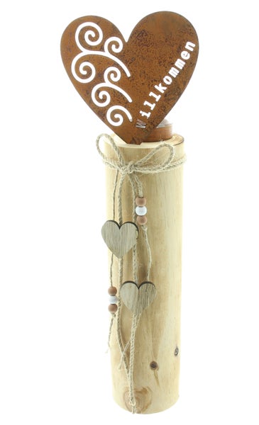 FRANK FLECHTWAREN | Windlichtsäule Herz, HOLZ, METALL, 8 x 8 x 44,5 cm