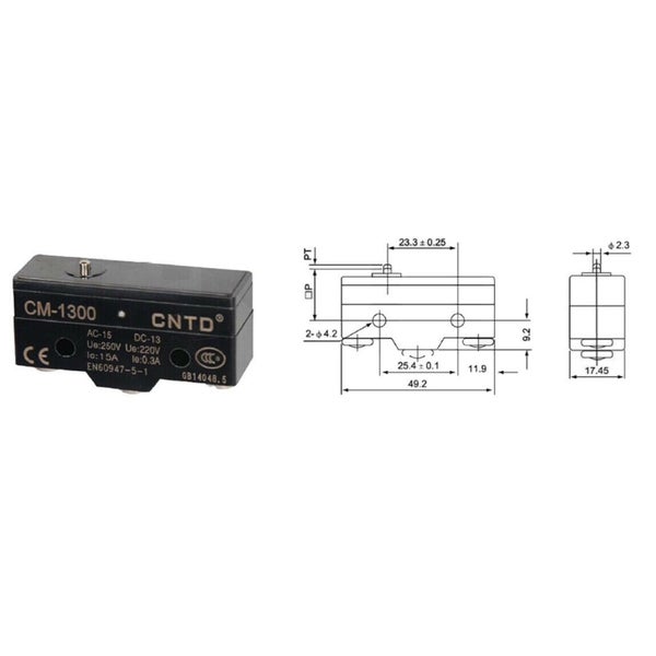 Mikroschalter CM-1300 mit technischer Zeichnung und Bemaßungsangaben.