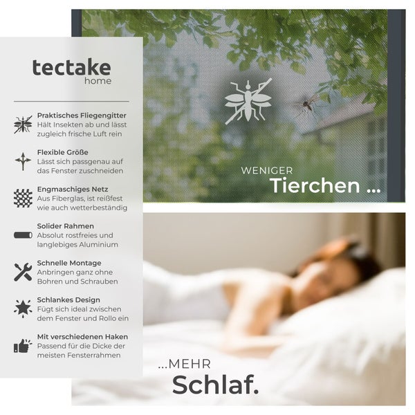 Infografik für ein tectake home Insektenschutzgitter für Fenster mit Merkmalen wie feinmaschigem Fiberglas, Aluminiumrahmen und Montage ohne Bohren.