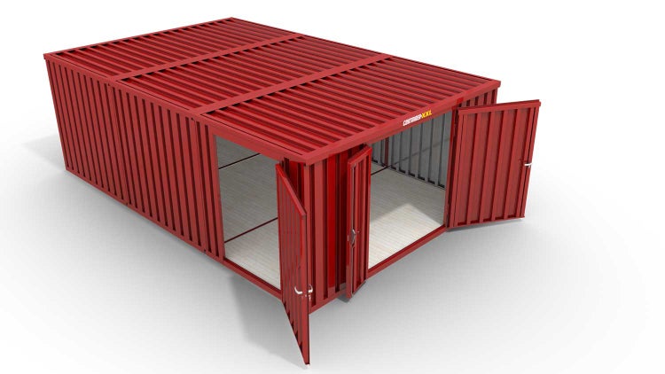 Lagercontainer Gerätehaus XL3  – 32 qm, H2150 x B5080 x T6520 mm, Außenwandlackierung RAL 3000 feuerrot, Dach außen verzinkt, mit Holzfußboden, 1830 mm Doppelflügeltür mittig in Stirnseite und 1270 mm Einflügeltür mittig in Modul C, montiert