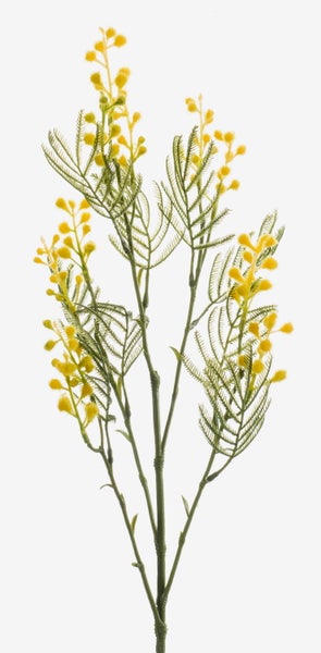Künstlicher Mimosenzweig mit gelben Blüten und grünen gefiederten Blättern.