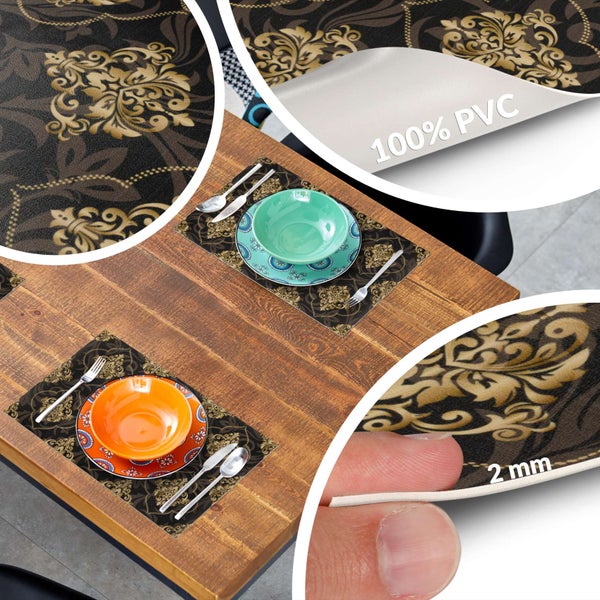 Platzset aus 100 Prozent PVC mit Ornamenten, 2 Millimeter Stärke, auf einem Holztisch mit Tellern und Besteck.