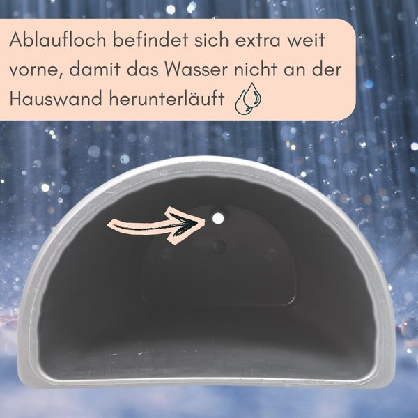 Detailaufnahme eines Blumenkastens, der ein Ablaufloch zur Vermeidung von Wasser an Hauswänden zeigt