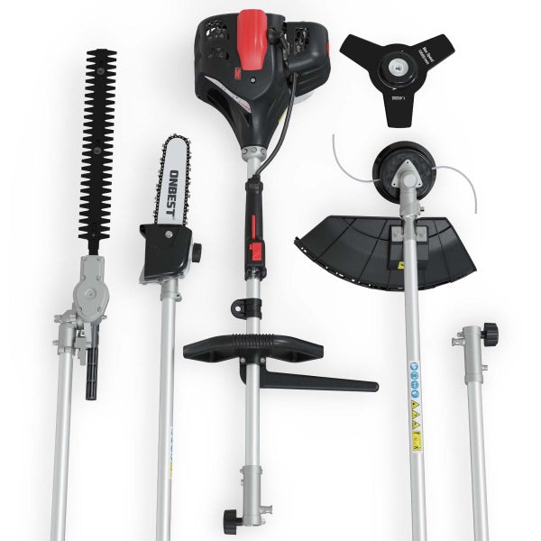 Benzin-Multitool-Set bestehend aus Motoreinheit, Heckenschere, Hochentaster, Rasentrimmer und Motorsense mit 3-Zahn-Messer.