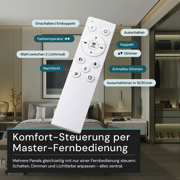 Weiße Fernbedienung zur Steuerung von Beleuchtung mit Funktionen wie Einschalten, Ausschalten, Farbtemperaturanpassung und Dimmfunktion