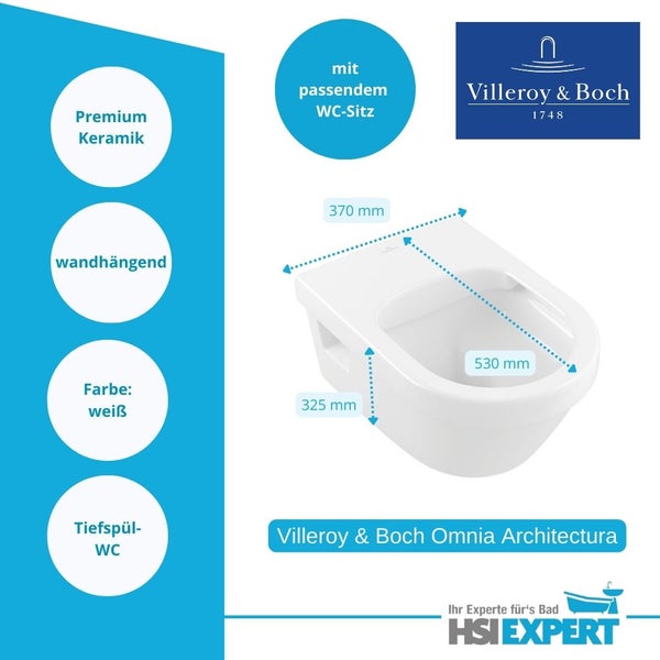 Villeroy & Boch Omnia Architectura Wandtiefspül-WC mit Maßangaben und Villeroy & Boch Logo