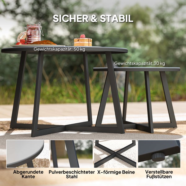 Outsunny 2er Set Beistelltisch Stapelbar Gartentisch Rund wetterfest Balkontisch mit X-Beine Glasplatte Stahl Campingtisch Kaffeetisch für Wohnzimmer Büro Outdoor Indoor Schwarz+Grau