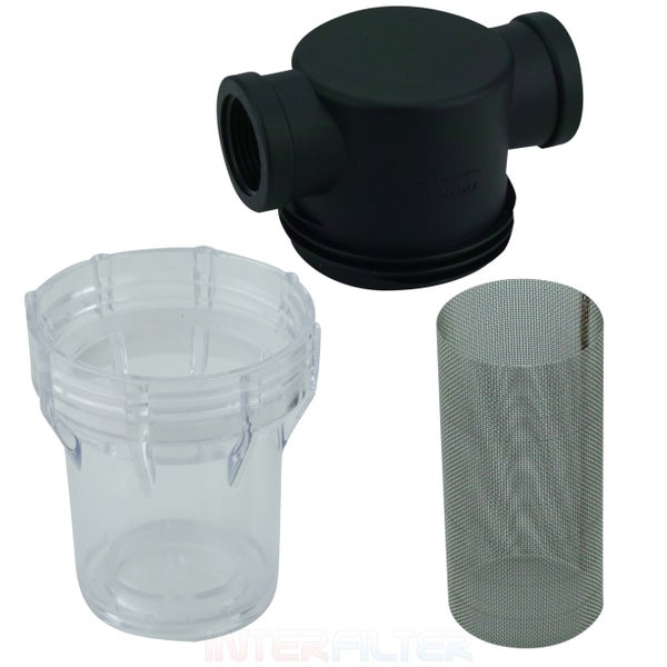 Ein demontierter Wasserfilter mit transparentem Gehäuse, Kopfstück und zylindrischem Metallsiebeinsatz als Ersatzteil für Hauswasserwerke.