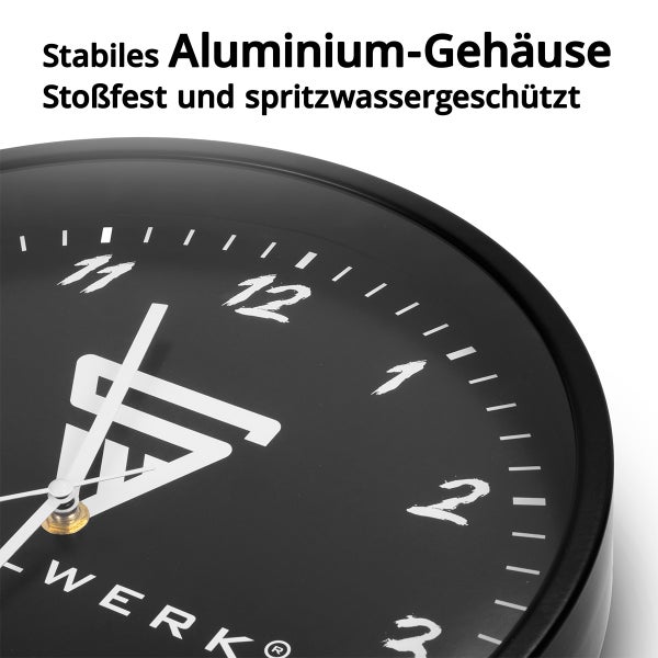 Wanduhr 30 cm schwarze Werkstattuhr mit Aluminium-Gehäuse RCC-Uhrwerk