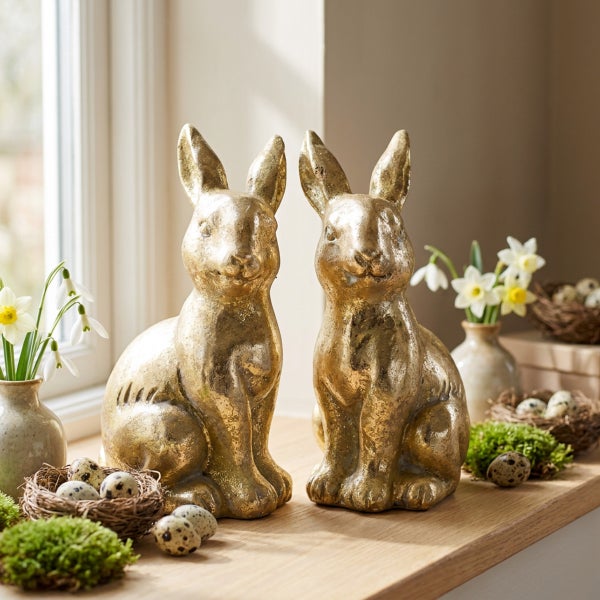 Zwei dekorative Osterhasen Figuren aus Kunststein in rustikaler Optik auf einer Fensterbank mit Frühlingsdekoration.