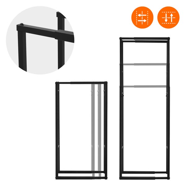 ML-Design Verstellbare Kaminholzregal Metall Schwarz, 40-65x100-150x25 cm, Kaminholzlager mit 4 Haken, Brennholzregal Stahl, Kaminholzständer Innen/Außen Kaminholzhalter Feuerholzregal für Kamin/Ofen