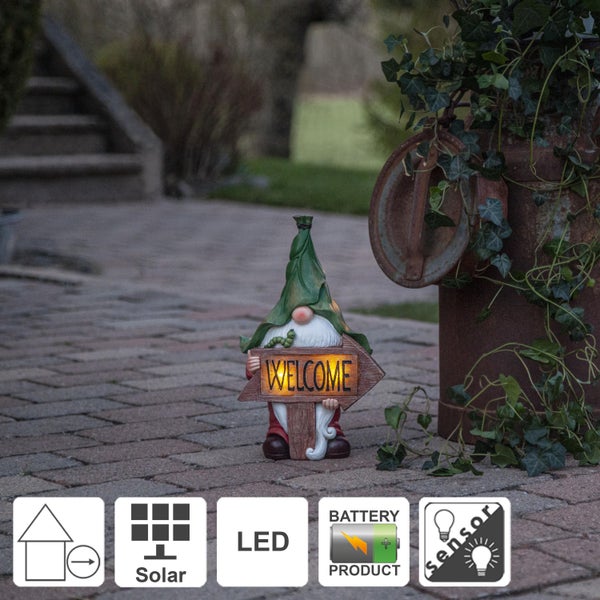Gartenzwerg mit Willkommensschild, LED-Solarleuchte für den Außenbereich