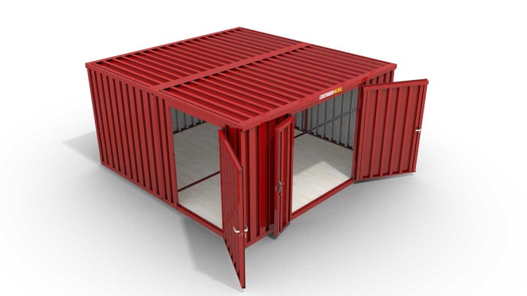 Lagercontainer Gerätehaus L2  – 16 qm, H2150 x B4050 x T4340 mm, Außenwandlackierung RAL 3000 feuerrot, Dach außen verzinkt, mit Holzfußboden, 1830 mm Doppelflügeltür mittig in Stirnseite und 1270 mm Einflügeltür mittig in Modul C, montiert