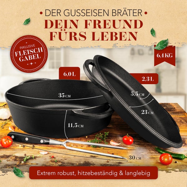 KRUSTENZAUBER 35cm Gusseisen Bräter mit Deckel backofengeeignet [inkl. Fleischgabel] - Gusseisen Topf XXL - Idealer Schmortopf Kazan, Bräter Induktion, Gusseisenpfanne backofengeeignet
