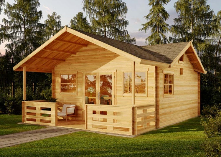 Alpholz Garten-und Freizeithaus Toronto-44 ISO Blockhaus aus Holz, Holzhaus mit 44 mm Wandstärke inklusive Terrasse inklusive Schlafboden FSC zertifiziert, Blockbohlenhaus mit Montagematerial