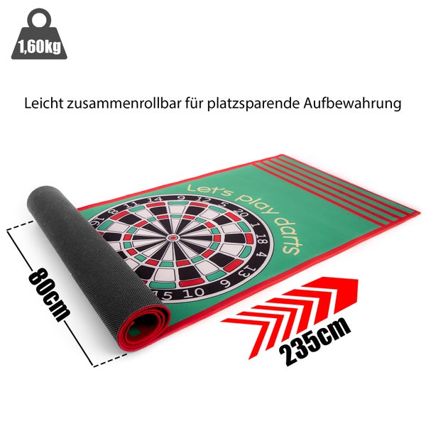 Aufrollbare Dartmatte mit Dartscheibenaufdruck, 80 mal 235 Zentimeter