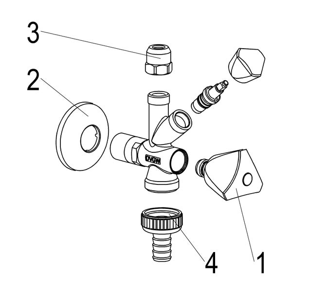 Explosionszeichnung eines Kombi-Eckventils mit nummerierten Einzelteilen wie Griff, Rosette, Verschraubung und Schlauchanschluss sowie DVGW Logo.