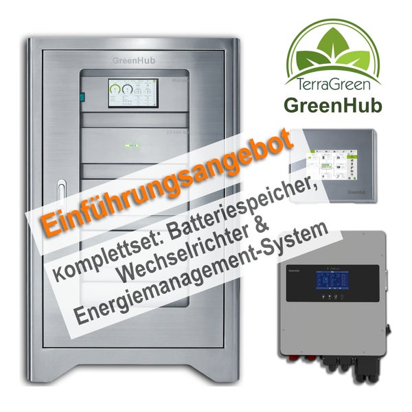 TerraGreen - GreenHub Premium-Set: Leistungsstarker 15 kWh Batteriespeicher – modular erweiterbar bis 40kWh, Energiemanagement-System & 14 kWh Wechselrichter. Für Photovolaikanlagen.  –  Angebot für Privatkunden