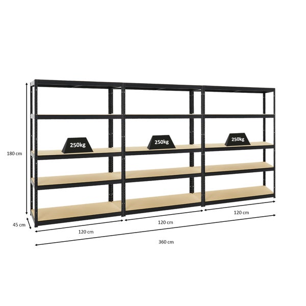PROREGAL Mega Deal 3x Schwerlastregal Big Elephant S HxBxT 180 x 120 x 45 cm Fachlast 250 kg Schwarz
