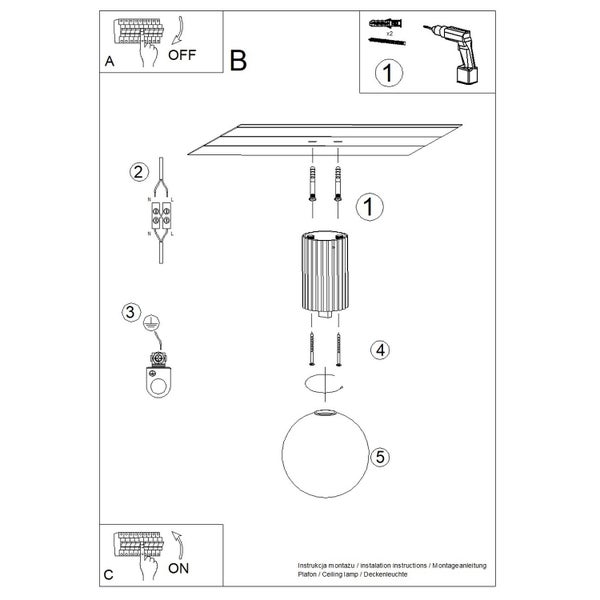 Montageanleitung für eine Deckenleuchte mit einzelnen Schritten vom Stromanschluss bis zur Befestigung der Glaskugel.