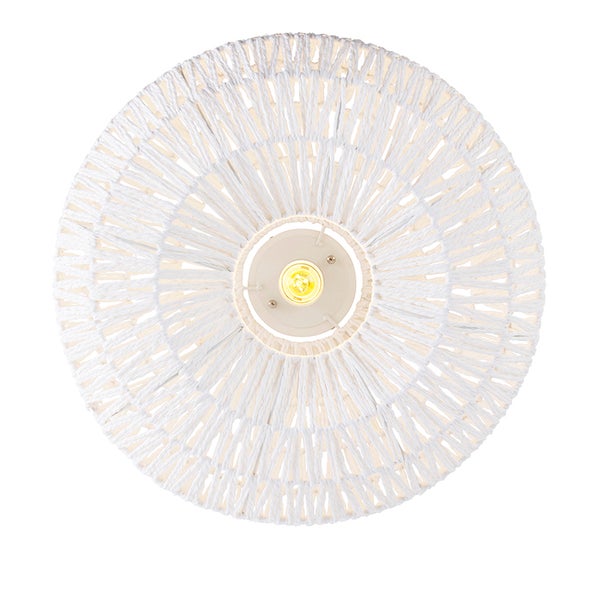 Weiße runde Deckenlampe aus Papiergeflecht mit Leuchtmittel, Ansicht von unten.