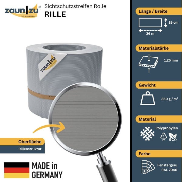 Zaun Sichtschutzstreifen Rolle mit Rillenstruktur, 26 Meter lang