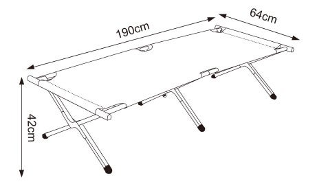 Technische Zeichnung einer Feldbettliege mit den Maßen 190 x 64 x 42 cm
