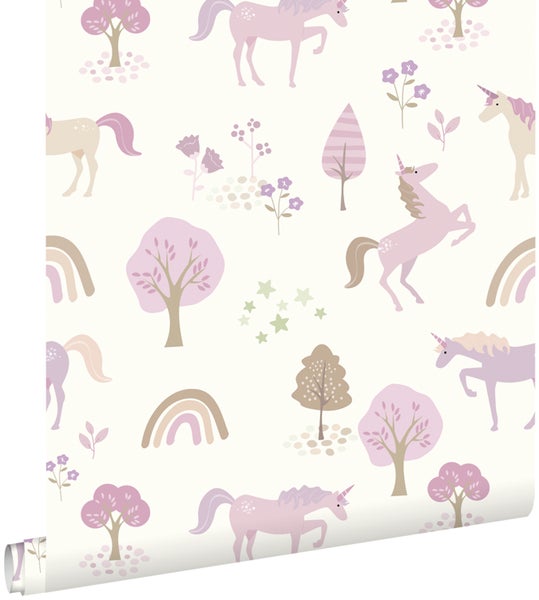 Tapetenrolle mit Einhorn-, Regenbogen- und Baumdesign für Kinderzimmer