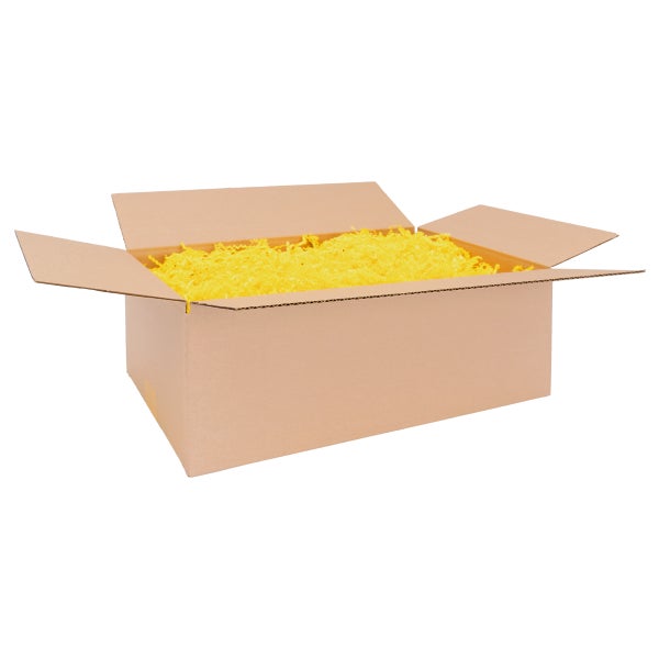 Offener Karton gefüllt mit gelbem Füllmaterial.