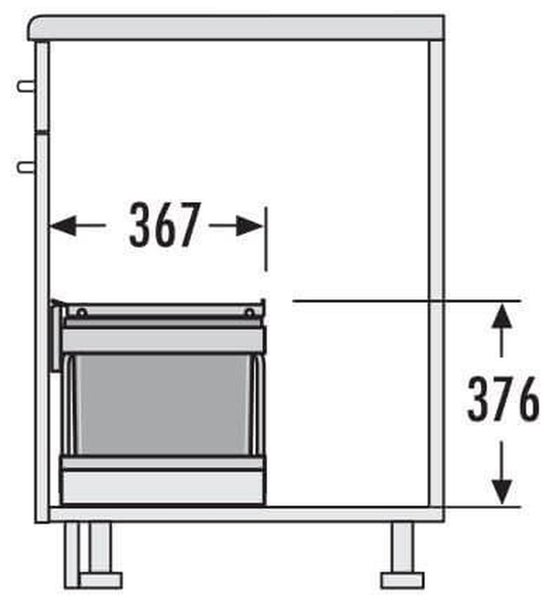 Technische Zeichnung eines Unterschranks mit Schublade und den Maßen 367 mal 376 Millimeter.