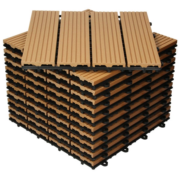 ECD Germany WPC Terrassenfliesen 30x30 cm 44er Spar Set für 4m² Teak in Holzoptik für Garten Balkon Bodenbelag mit Drainage und Klicksystem Terrassendielen Balkonfliesen Klickfliesen Holzfliesen