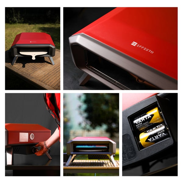 Mehrere Ansichten eines roten Pizzaofens mit dem Effecto Logo und Varta Batterien.