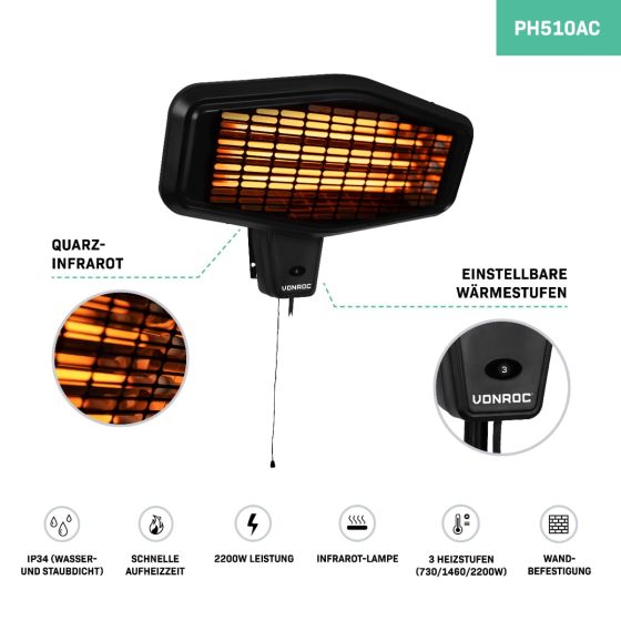 Vonroc Infrarot-Terrassenheizstrahler PH510AC für Wandmontage, 2200 Watt, 3 Heizstufen, Quarz-Infrarot-Technologie, Schutzart IP34.