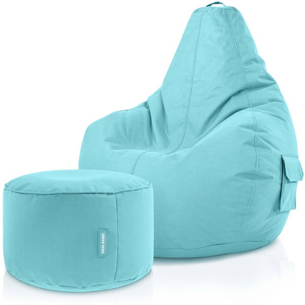 Green Bean© 2er Set Sitzsack + Hocker - fertig befüllt - robust waschbar schmutzabweisend - Kinder & Erwachsene Bean Bag Bodenkissen Lounge Sitzhocker Relax-Sessel Gamer Gamingstuhl Pouf - Aquamarin