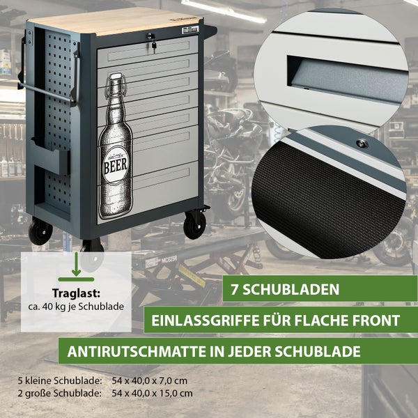 Trutzholm Werkstattwagen mit 7 Schubladen Holzplatte und Bierflaschen Motiv für die Werkstatt