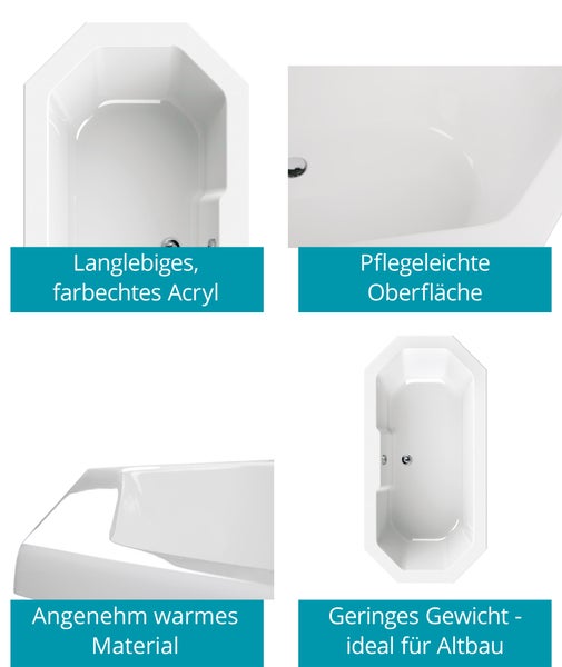 Calmwaters® Achteck Badewanne 180x90 cm, Acrylwanne Exclusive, Duo-Badewanne für zwei Personen, Maße 180 x 90 cm, 8-Eck-Badewanne, Achteckwanne, Duowanne in Weiß - 02SL3339