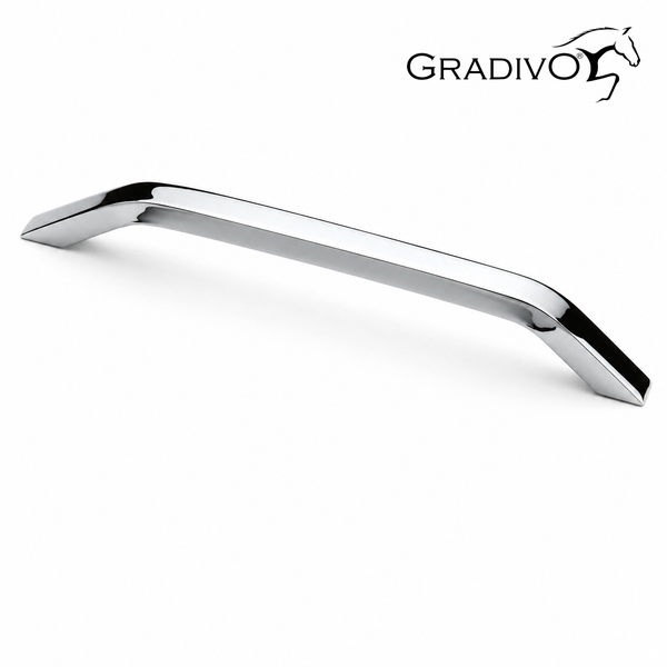 Moderner Möbelgriff aus Metall in glänzender Chrom-Optik mit Gradivo Logo.