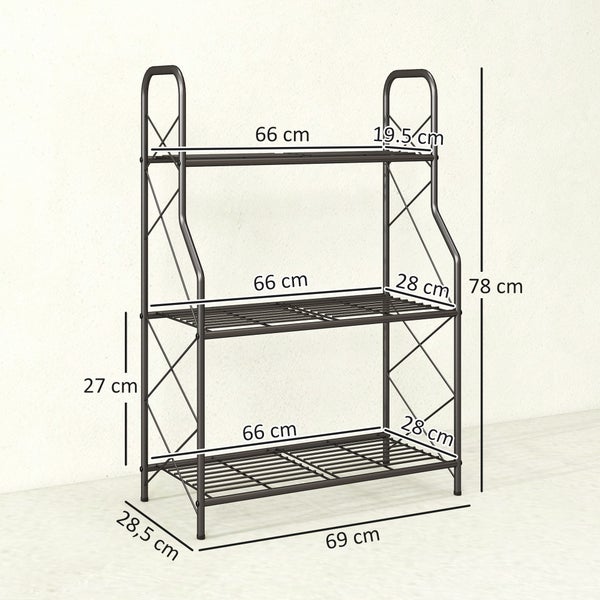 3-stufiges Metallregal mit Maßen: Höhe 78 Zentimeter, Breite 69 Zentimeter, Tiefe 28,5 Zentimeter. Schwarzer Metallrahmen.