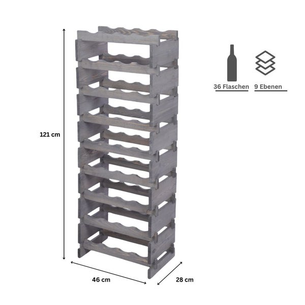 Weinregal VINOTECA FLEX PRO HxBxT 121x46x28cm 36 Flaschen auf 9 Ebenen Massives Kiefernholz Grau