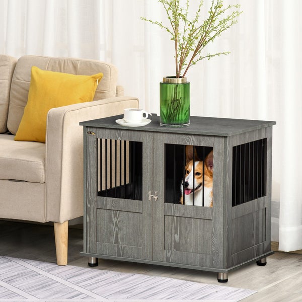 PawHut Hundekäfig für Zuhause, Haustierkäfig, Hundehütte Indoor mit Schloss, Magnettür, Hundehaus mit Fenster, Hundebox für klein und mittelgroße Hunde, Grau, 85 x 55 x 87 cm