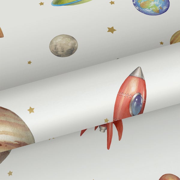 Tapetenrolle mit Weltraummotiv mit Raketen, Planeten und Sternen