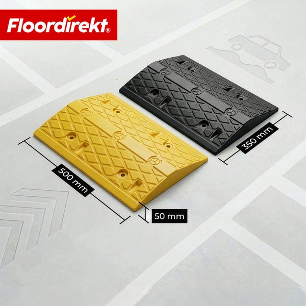 Floordirekt Logo. Zwei Bordsteinrampen mit Rautenprofil. Maße: 500 mal 350 mal 50 Millimeter.