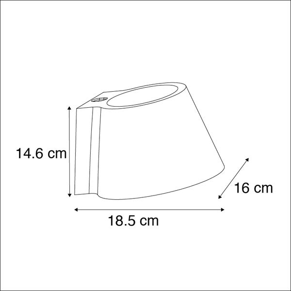Technische Zeichnung eines Pflanzgefäßes mit den Maßen 14,6 cm Höhe, 18,5 cm Länge und 16 cm Breite.