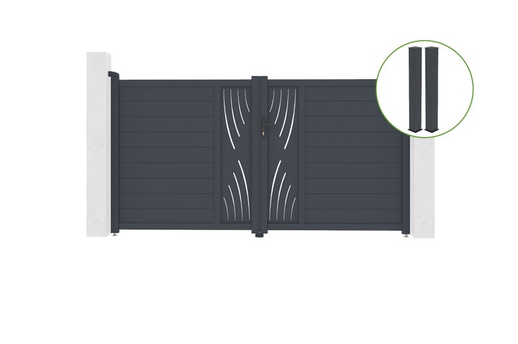Flügeltor 3m VELETA H.160cm graues Aluminium + 2 Pfosten 20x20cm H.190cm