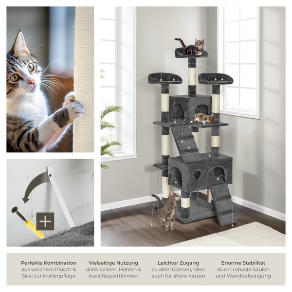 Katzenkratzbaum mit mehreren Ebenen, Höhlen und Sisalsäulen in einer Wohnumgebung mit Katzen