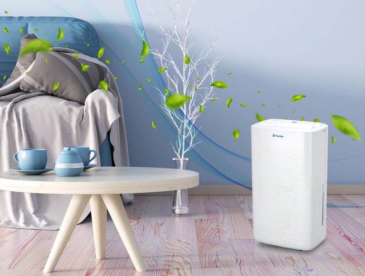 Wohnzimmer-Szene mit Couch, Tisch, Tassen und Luftentfeuchter für ein angenehmes Raumklima